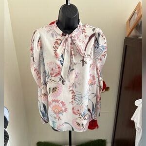 Ted Baker White Floral Tie-Neck Blouse with Pink & Blue Print